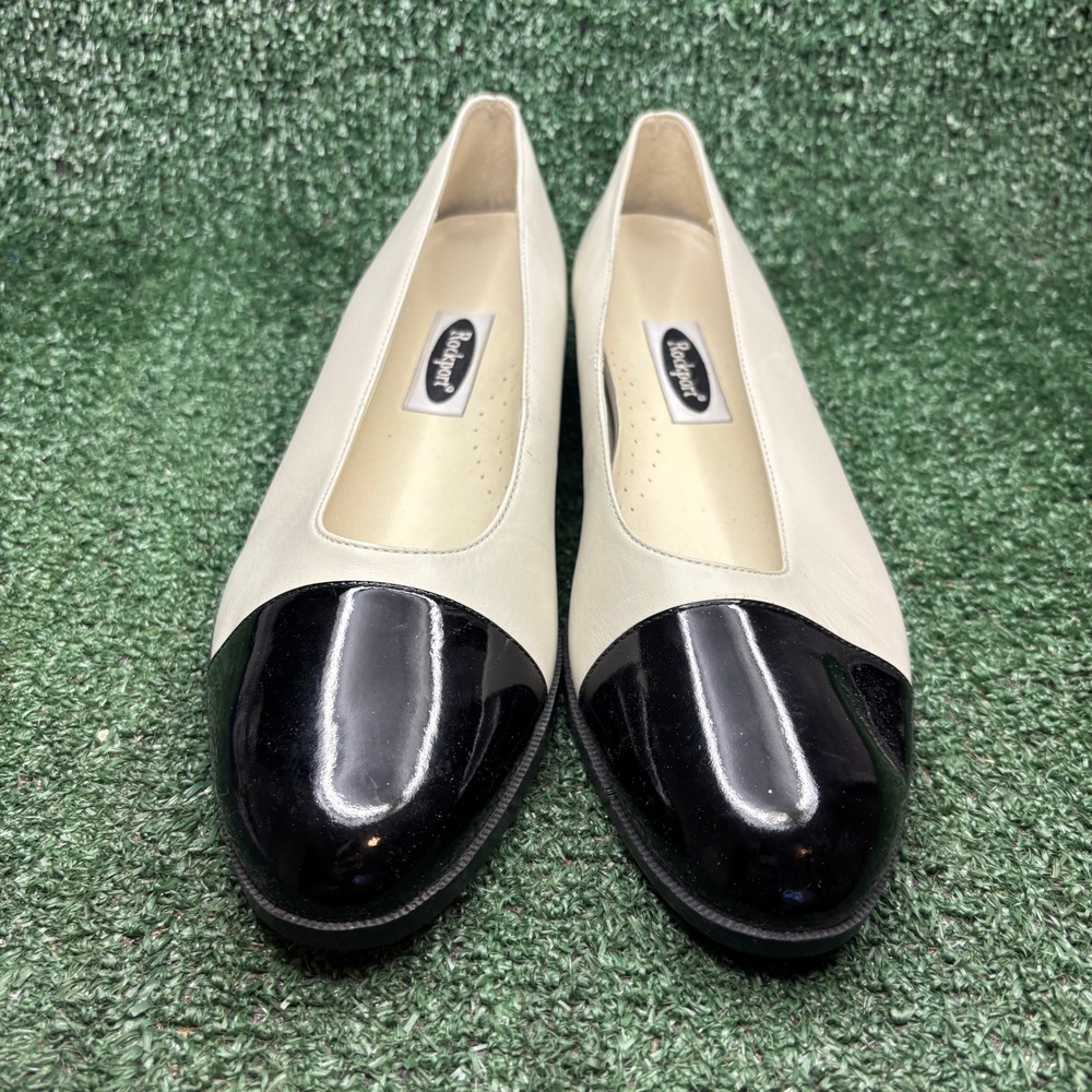 Rockport Cap Toe Leather Low Heel Classic Office Pump White Black Womens Sz 10M